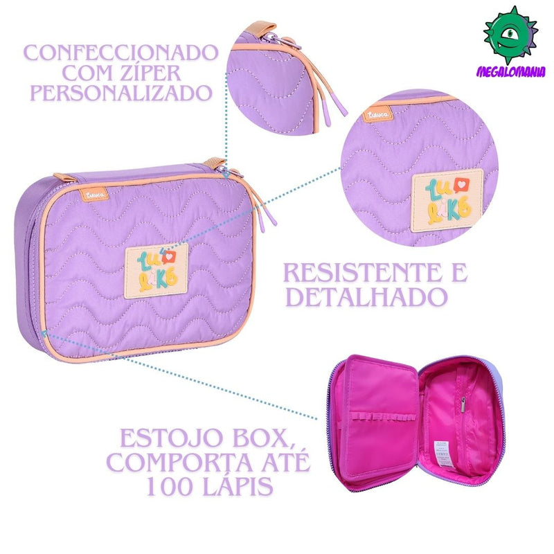 Kit Mochila de Carrinho Mala Bolsa Lancheira Térmica Duas Alças Estojo Box Luluca Juvenil Meninas Escolar Clio