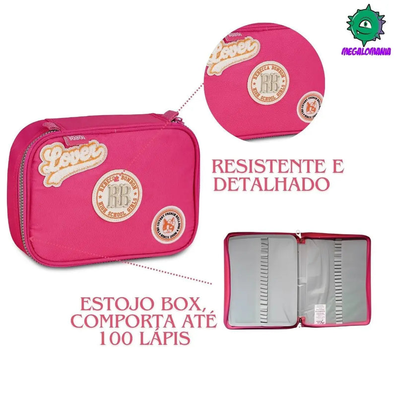 Estojo Rebecca Bonbon Simples Grande Preto Azul Rosa Escolar Infantil Juvenil Bordado Espaçoso Clio Megalomania