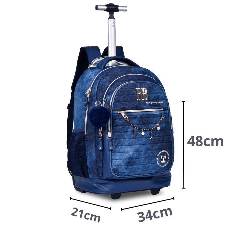 Kit Mochila de Carrinho Mala Bolsa Rebecca Bonbon Jeans Lancheira Térmica Duas Alças Estojo Box Escolar Juvenil Meninas Clio Megalomania
