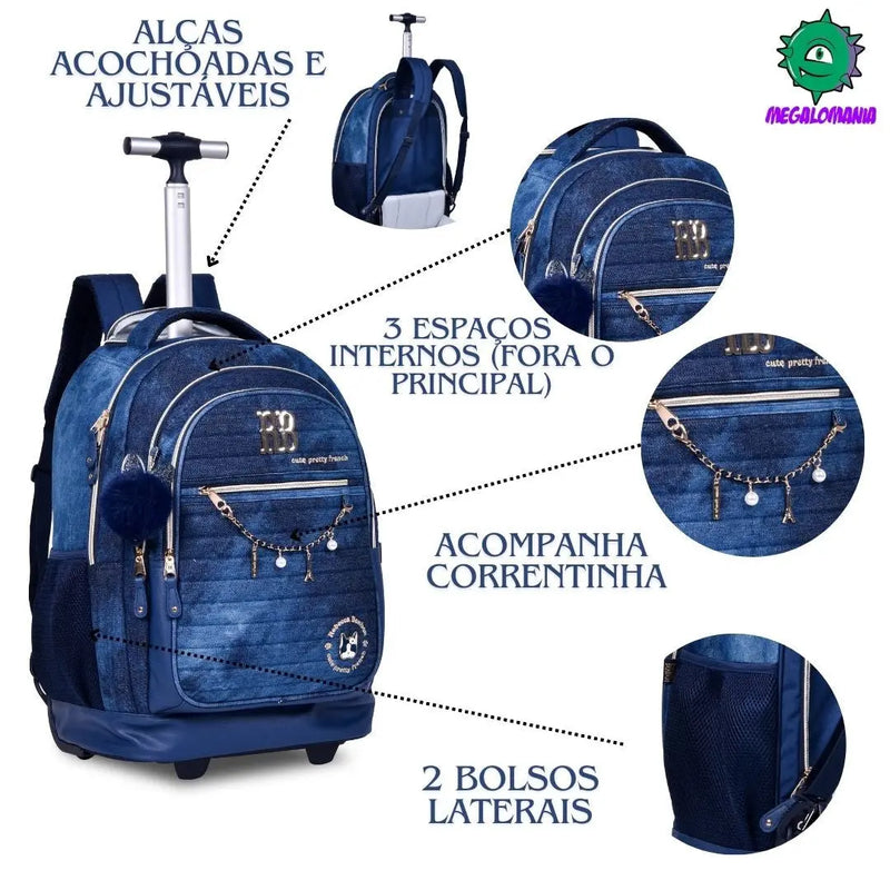 Kit Mochila de Carrinho Mala Bolsa Rebecca Bonbon Jeans Lancheira Térmica Duas Alças Estojo Box Escolar Juvenil Meninas Clio Megalomania