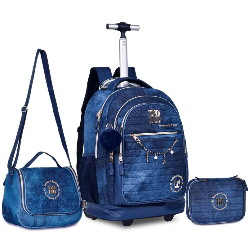 Kit Mochila de Carrinho Mala Bolsa Rebecca Bonbon Jeans Lancheira Térmica Duas Alças Estojo Box Escolar Juvenil Meninas Clio Megalomania