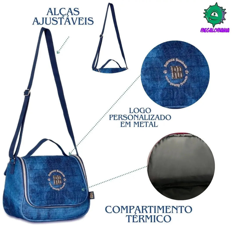Kit Mochila de Carrinho Mala Bolsa Rebecca Bonbon Jeans Lancheira Térmica Duas Alças Estojo Box Escolar Juvenil Meninas Clio Megalomania