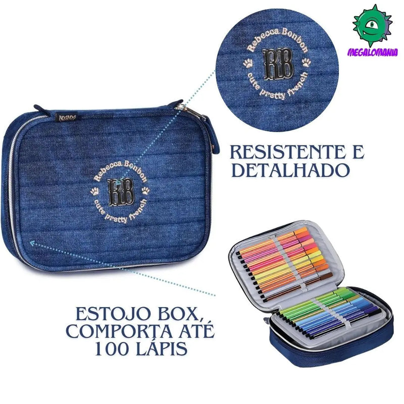 Estojo Box Rebecca Bonbon Com Organizador Escolar Meninas Cor Azul Jeans Clio Megalomania