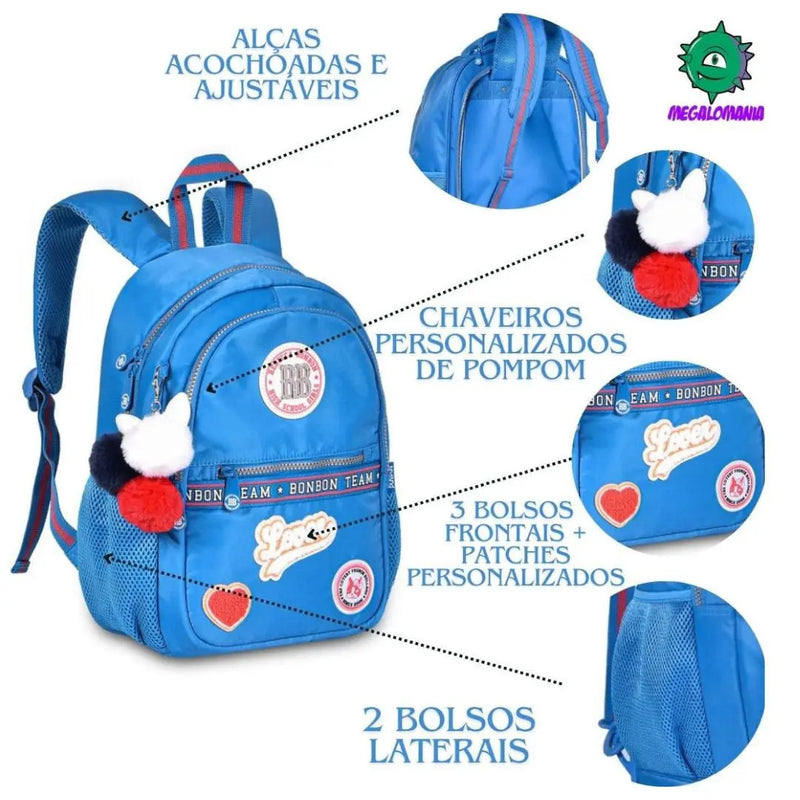 Kit Mochila de Costas Mala Bolsa Mini Rebecca Bonbon Azul Estojo Box Feminino Juvenil Fashion Clio Megalomania
