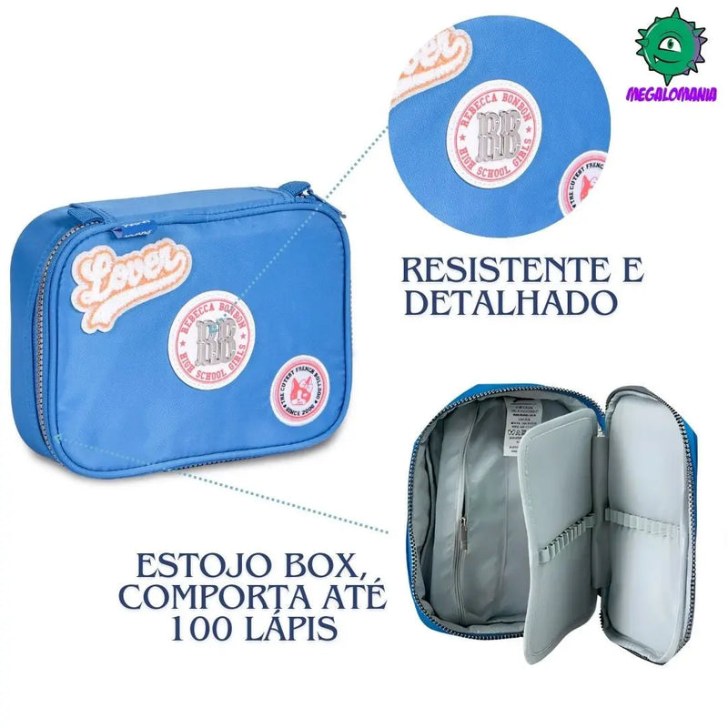 Kit Mochila de Costas Mala Bolsa Mini Rebecca Bonbon Azul Estojo Box Feminino Juvenil Fashion Clio Megalomania