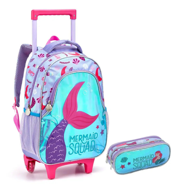 Kit Mochila de Carrinho Mala Bolsa Infantil Sereia Estojo com Dois Compartimentos Feminino Meninas Seanite Megalomania