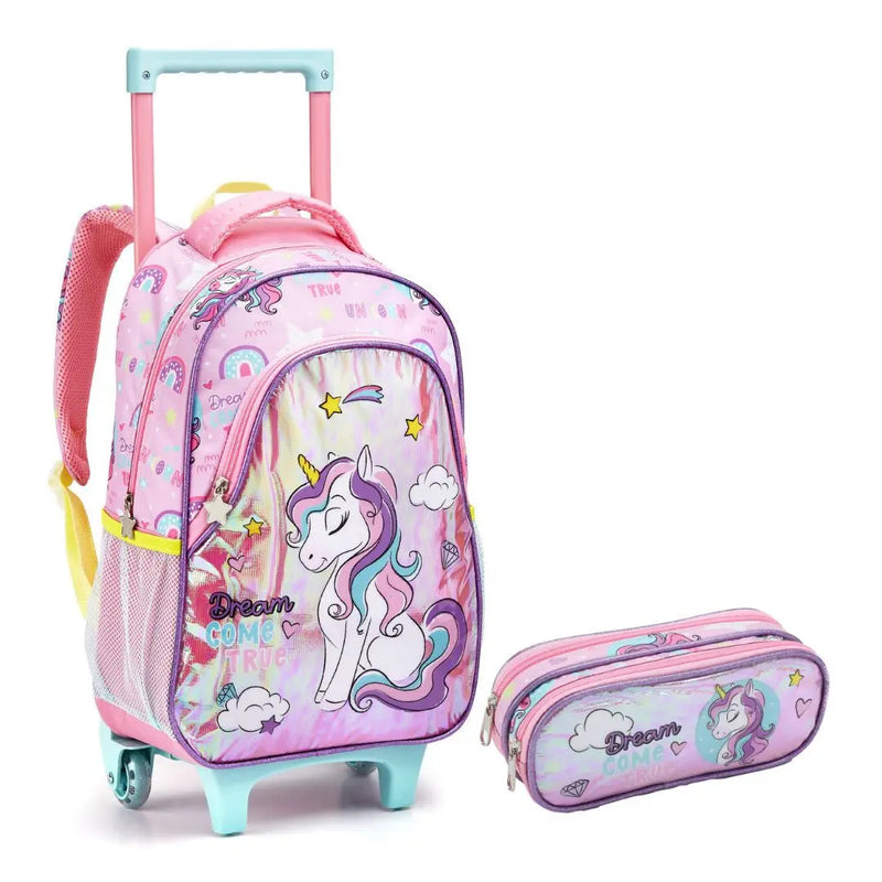 Kit Mochila de Carrinho Infantil Unicórnio Bolsa Estojo Simples Rosa Rainbow Escolar Feminino Seanite Megalomania
