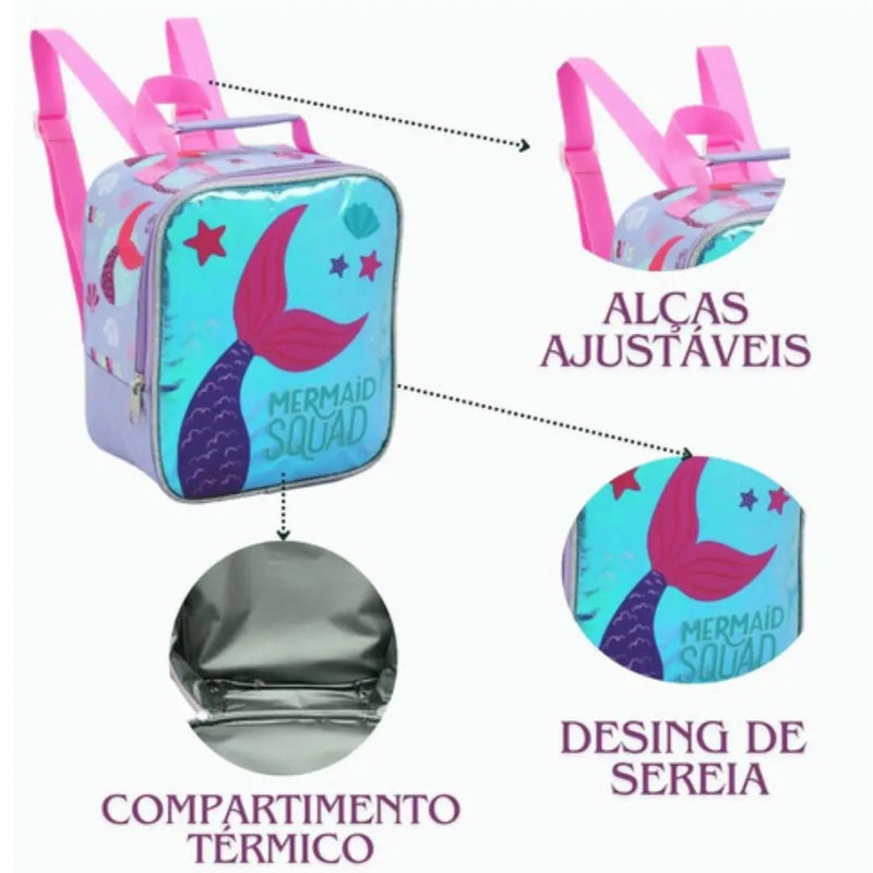 Kit Lancheira Infantil Térmica Sereia Estojo com Dois Compartimentos Feminino Meninas Seanite Megalomania
