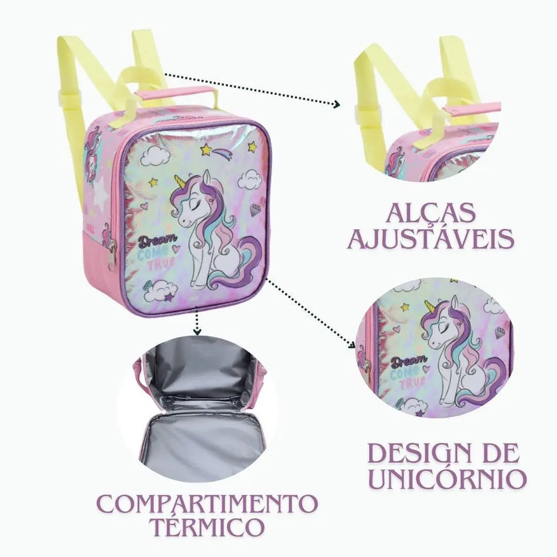 Kit Lancheira Infantil Térmica Unicórnio Estojo com Dois Compartimentos Feminino Crianças Seanite Megalomania