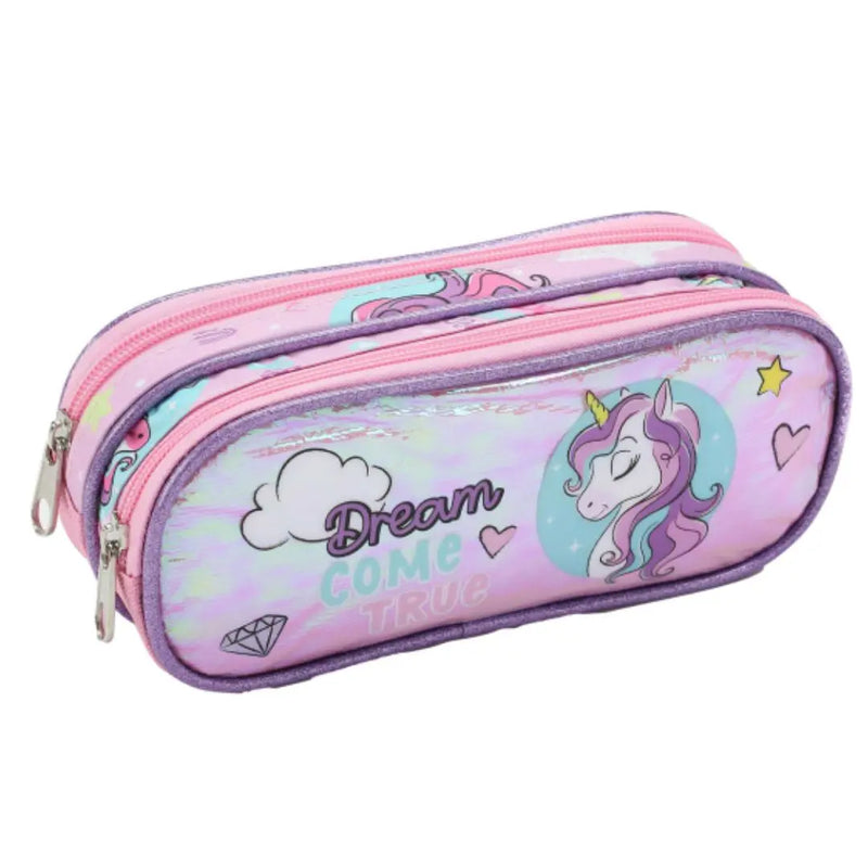 Kit Mochila de Carrinho Infantil Unicórnio Bolsa Estojo Simples Rosa Rainbow Escolar Feminino Seanite Megalomania