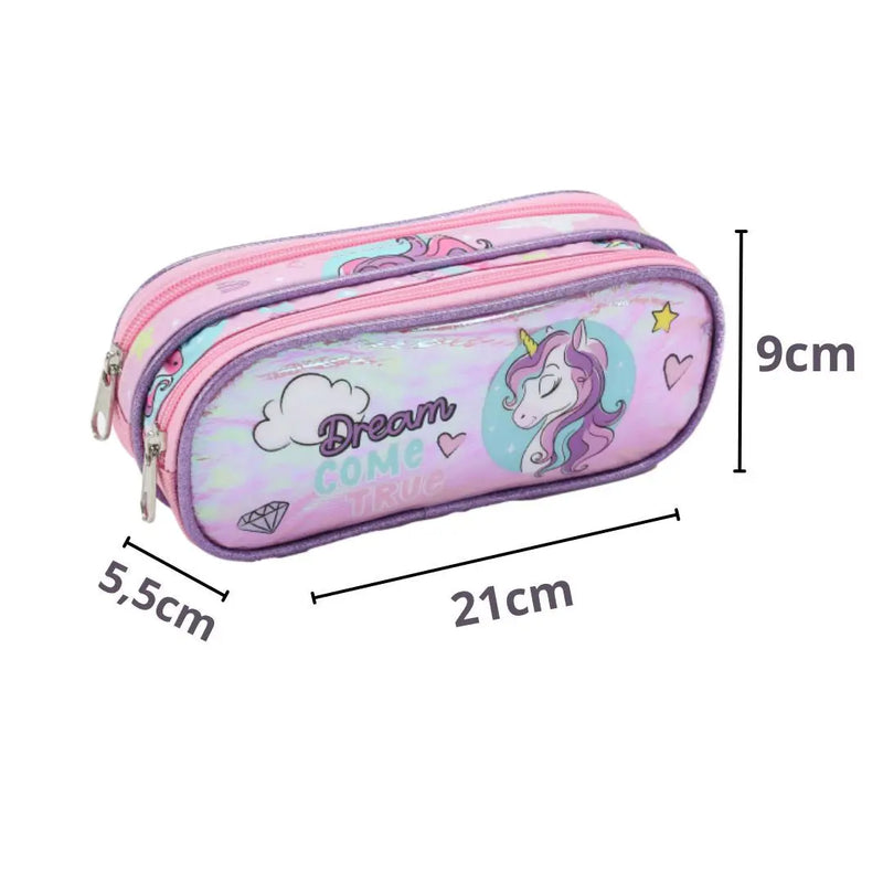 Kit Mochila de Carrinho Mala Bolsa Infantil Unicórnio Lancheira Térmica Estojo com Dois Compartimentos Feminino Seanite Megalomania
