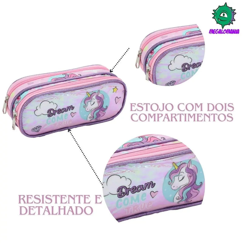 Kit Lancheira Infantil Térmica Unicórnio Estojo com Dois Compartimentos Feminino Crianças Seanite Megalomania