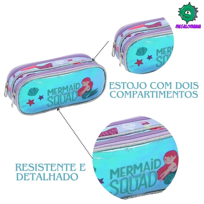 Kit Lancheira Infantil Térmica Sereia Estojo com Dois Compartimentos Feminino Meninas Seanite Megalomania