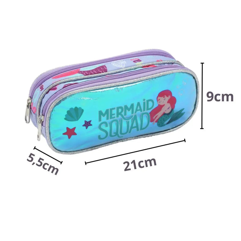 Kit Lancheira Infantil Térmica Sereia Estojo com Dois Compartimentos Feminino Meninas Seanite Megalomania
