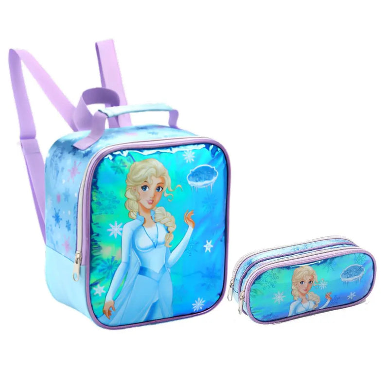 Kit Lancheira Infantil Térmica Princesa do Gelo Frozen Estojo com Dois Compartimentos Feminino Meninas Seanite Megalomania