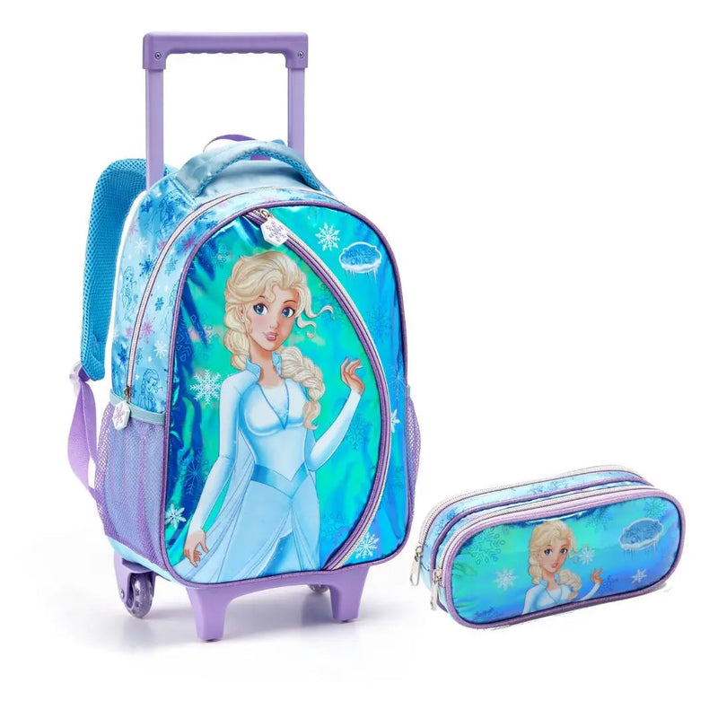 Kit Mochila de Carrinho Infantil Princesa Gelo Frozen Estojo com Dois Compartimentos Escolar Feminino Meninas Seanite Megalomania