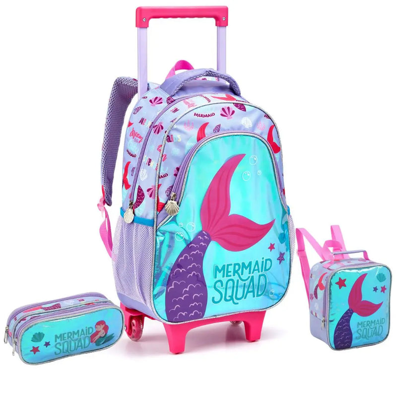 Kit Mochila de Carrinho Infantil Sereia Mala Bolsa Lancheira Térmica Estojo com Dois Compartimentos Feminino Seanite Seanite Megalomania