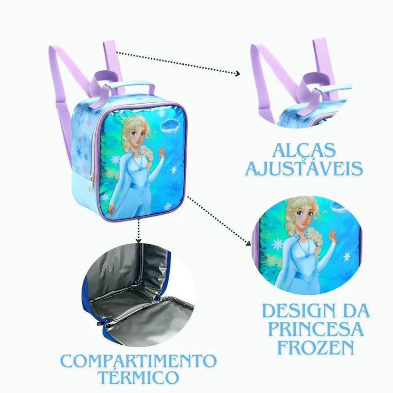 Kit Lancheira Infantil Térmica Princesa do Gelo Frozen Estojo com Dois Compartimentos Feminino Meninas Seanite Megalomania