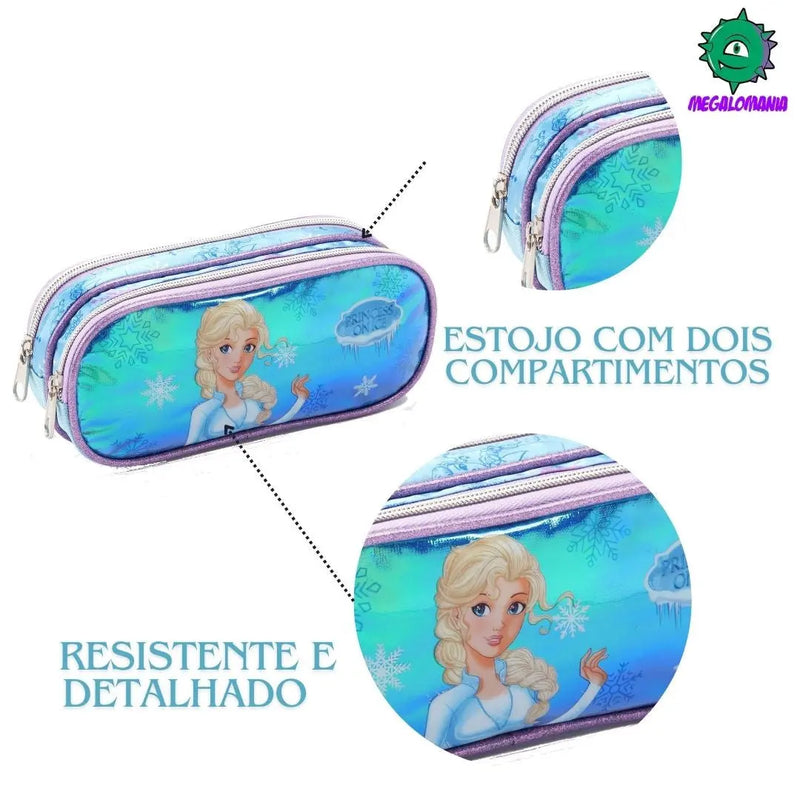 Kit Mochila de Costas Infantil Princesa do Gelo Frozen Mala Bolsa Lancheira Térmica Estojo com Dois Compartimentos Escolar Seanite Megalomania