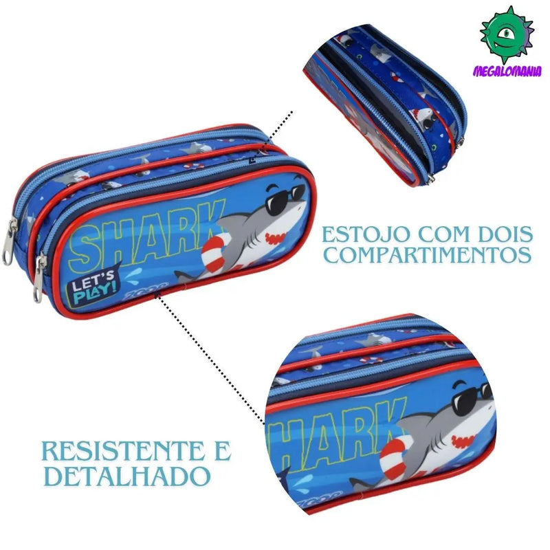 Estojo Dois Compartimentos Infantil Tubarão Azul e Dinossauro Verde Crianças Masculino Seanite Megalomania