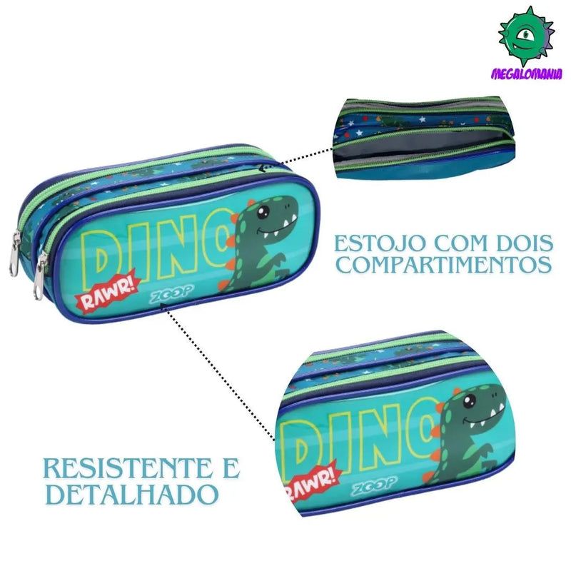 Estojo Dois Compartimentos Infantil Tubarão Azul e Dinossauro Verde Crianças Masculino Seanite Megalomania