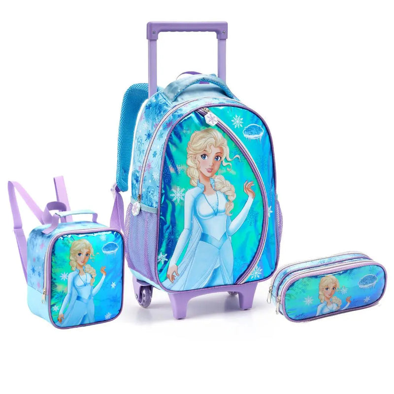 Kit Mochila de Carrinho Infantil Princesa do Gelo Frozen Lancheira Térmica Estojo com Compartimento Feminino Meninas Seanite Megalomania