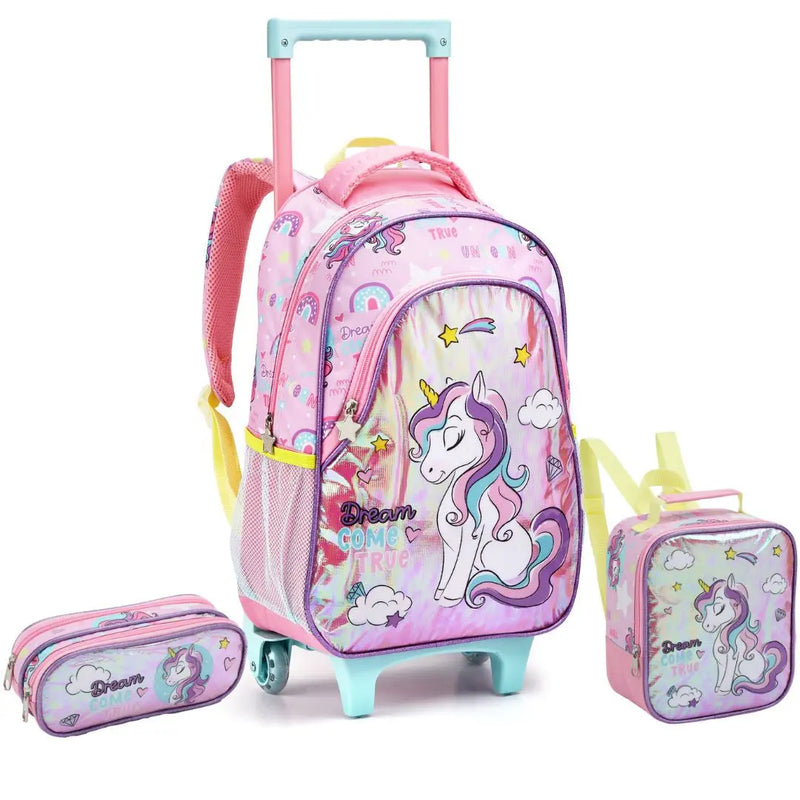 Kit Mochila de Carrinho Mala Bolsa Infantil Unicórnio Lancheira Térmica Estojo com Dois Compartimentos Feminino Seanite Megalomania