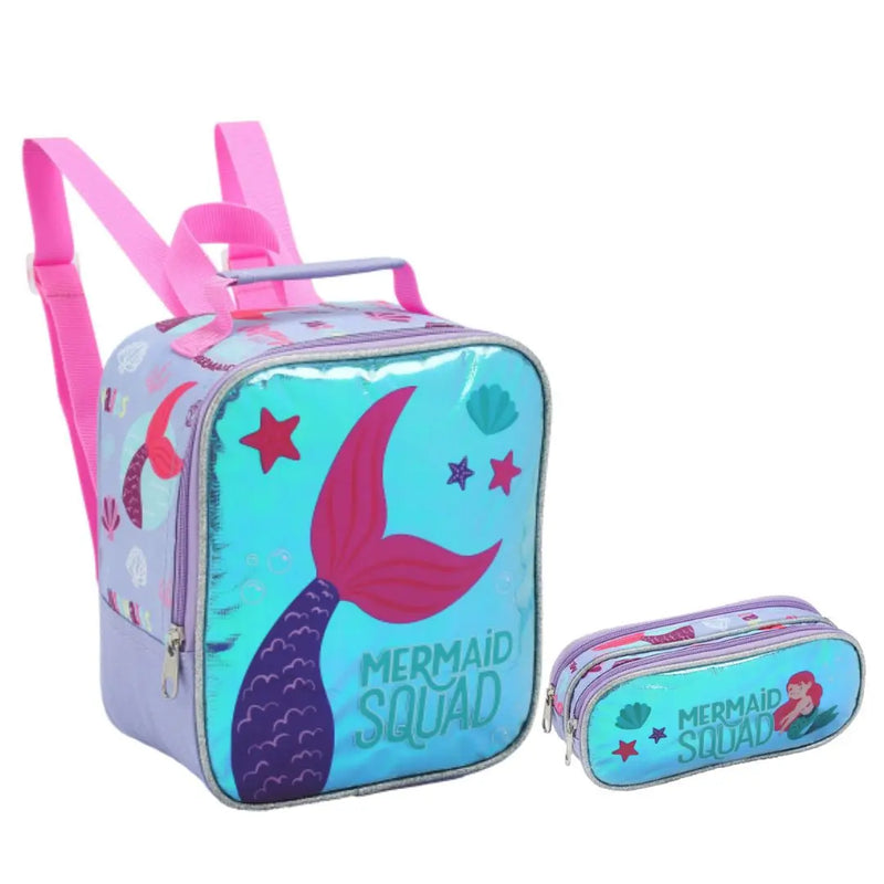 Kit Lancheira Infantil Térmica Sereia Estojo com Dois Compartimentos Feminino Meninas Seanite Megalomania
