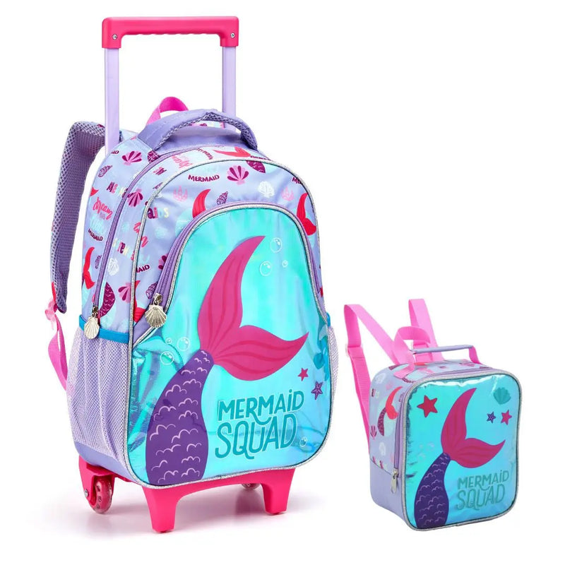 Kit Mochila de Carrinho Mala Bolsa Infantil Sereia Lancheira Térmica Meninas Feminino Seanite Megalomania