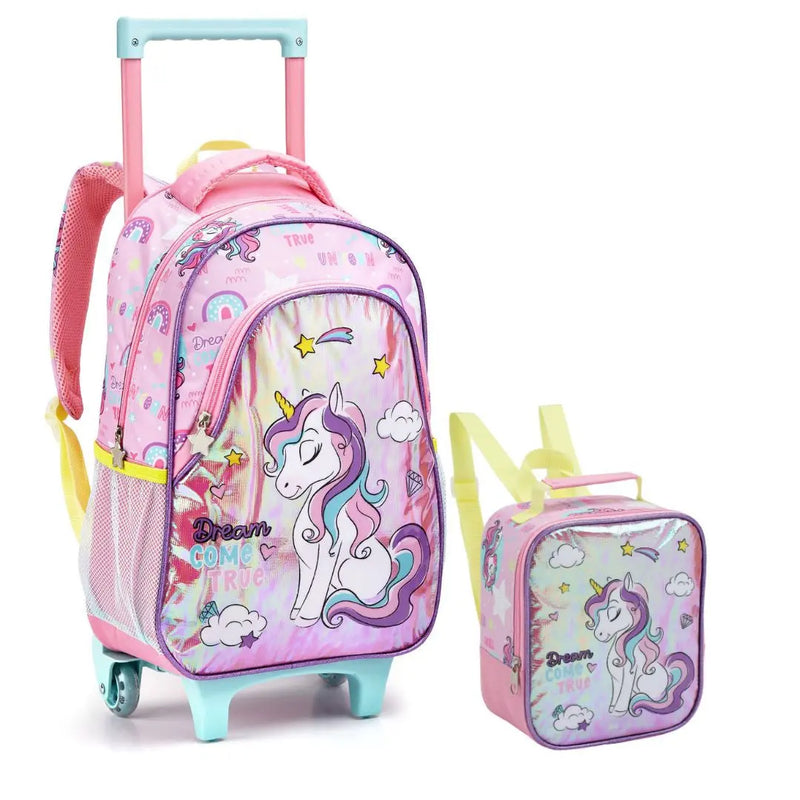 Kit Mochila de Carrinho Mala Bolsa Infantil Unicórnio Lancheira Térmica Feminino Meninas Seanite Megalomania