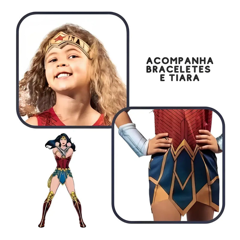 Fantasia Infantil Mulher Maravilha Wonder Woman Dc Comics Tiara Bracelete Novablink Megalomania