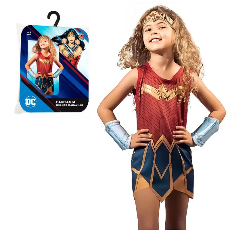 Fantasia Infantil Mulher Maravilha Wonder Woman Dc Comics Tiara Bracelete Novablink Megalomania