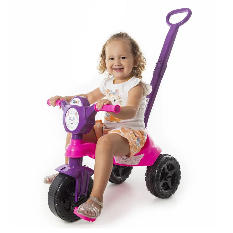 Brinquedo Carrinho de Passeio Pedal Infantil Kemotoca Gatinha com Haste Triciclo Feminino Rosa Roxo Kendy Megalomania
