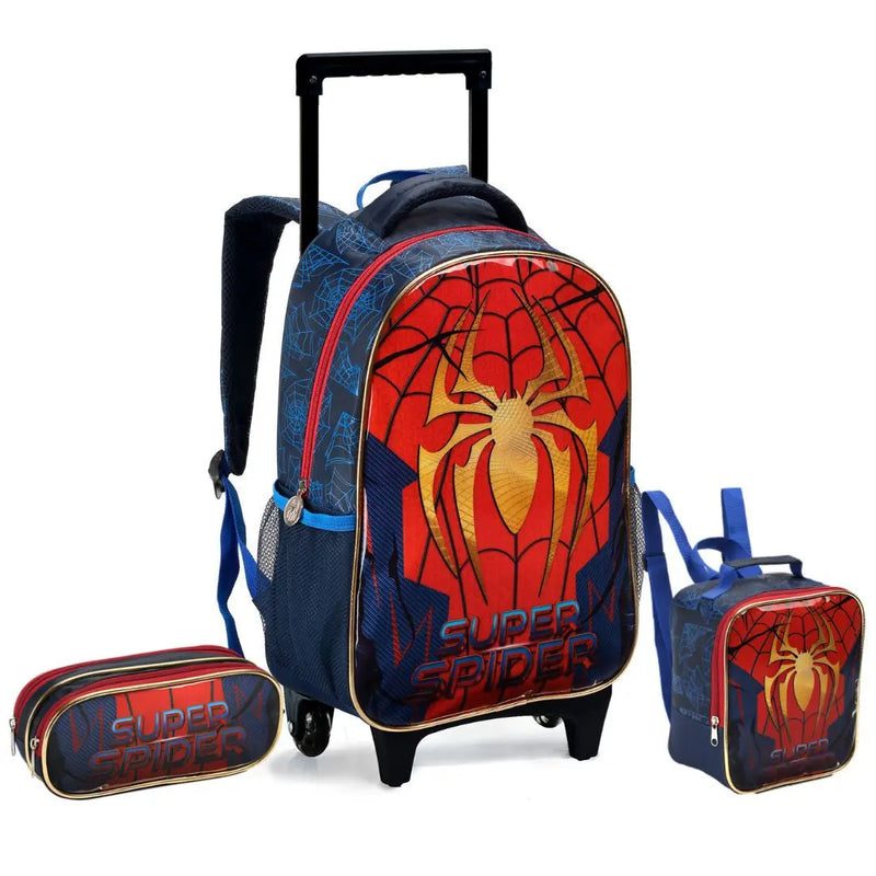 Kit Mochila de Carrinho Infantil Super Spider Aranha Homem Mala Bolsa Lancheira Térmica Estojo com Dois Compartimentos Escolar Masculino Menino Seanite Megalomania