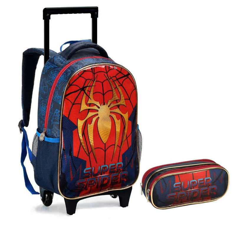 Kit Mochila de Carrinho Infantil Super Spider Aranha Homem Mala Bolsa Estojo com Dois Compartimentos Escolar Masculino Menino Seanite Megalomania