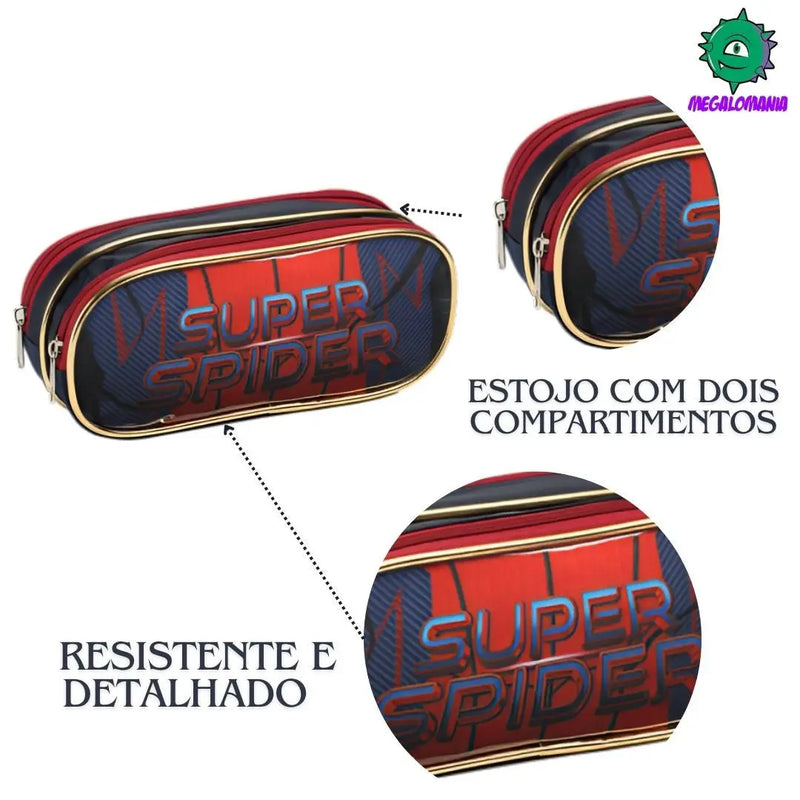 Kit Mochila de Carrinho Infantil Super Spider Aranha Homem Mala Bolsa Estojo com Dois Compartimentos Escolar Masculino Menino Seanite Megalomania
