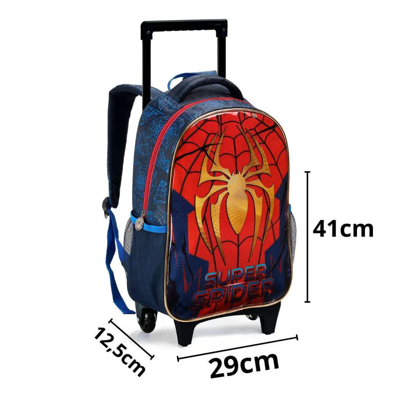 Kit Mochila de Carrinho Infantil Super Spider Aranha Homem Mala Bolsa Estojo com Dois Compartimentos Escolar Masculino Menino Seanite Megalomania
