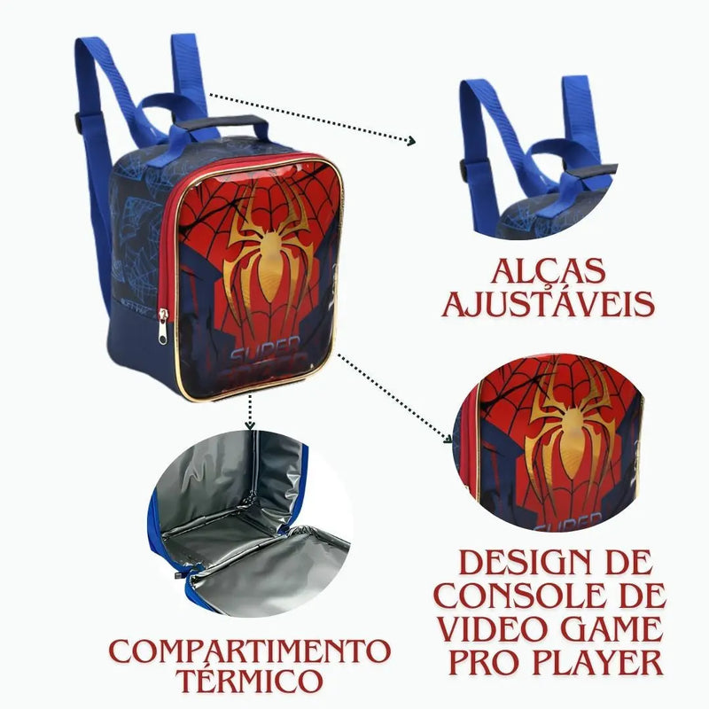 Kit Lancheira Térmica Infantil Super Spider Aranha Homem Estojo com Dois Compartimentos Escolar Masculino Seanite Megalomania