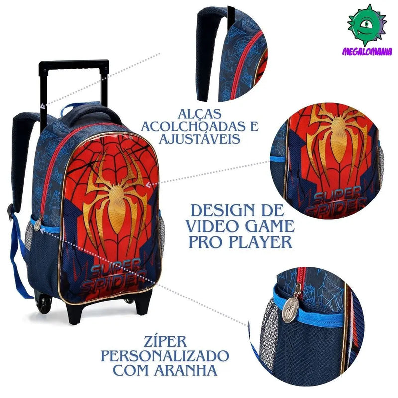 Kit Mochila de Carrinho Infantil Super Spider Aranha Homem Mala Bolsa Estojo com Dois Compartimentos Escolar Masculino Menino Seanite Megalomania