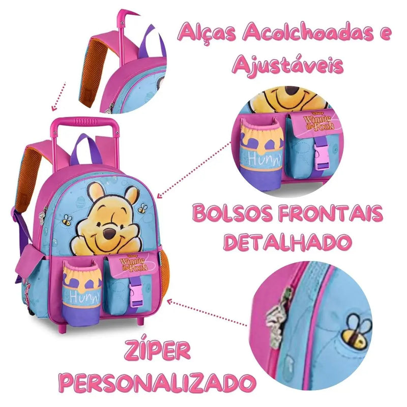 Mochila Carrinho Ursinho Pooh Escolar Colorida Bolsa Mala Infantil Crianças Clio Megalomania