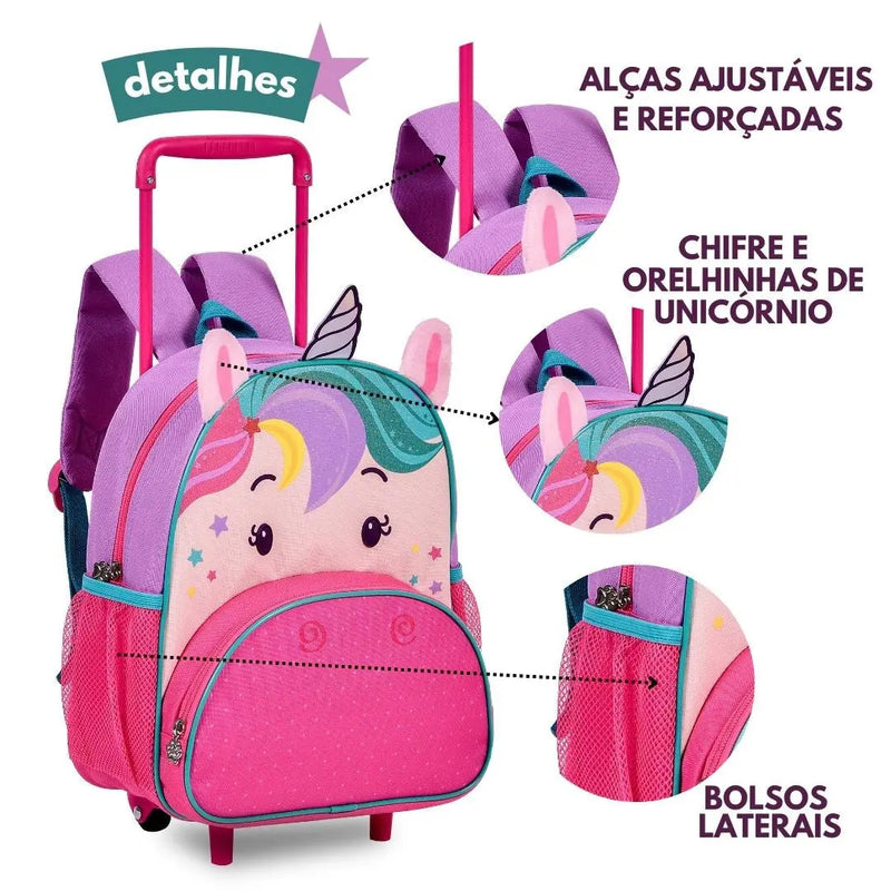 Mochila de Carrinho Unicórnio Fashion Feminino Meninas Rosa Crina Colorida Clio Megalomania