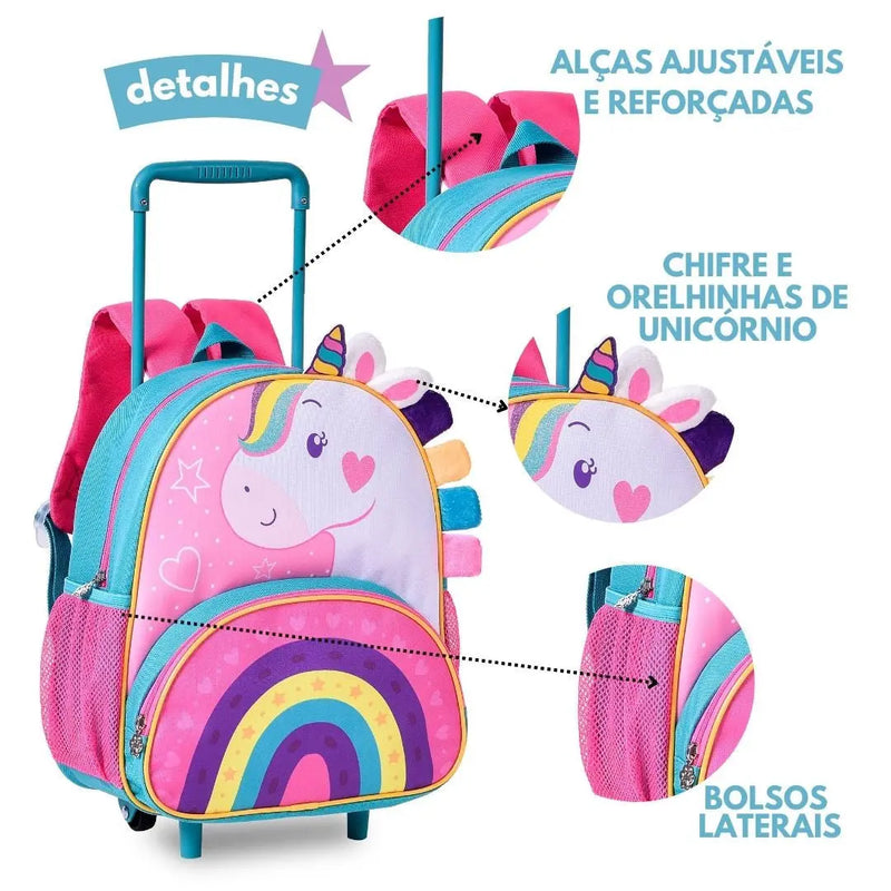 Mochila de Carrinho Unicórnio Fashion Feminino Meninas Rosa Crina Colorida Clio Megalomania