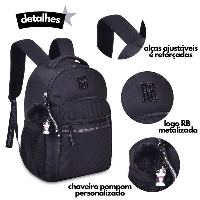 Mochila de Costas Mala Bolsa Rebecca Bonbon Preto Rosa Lilás Fashion Meninas Clio Megalomania