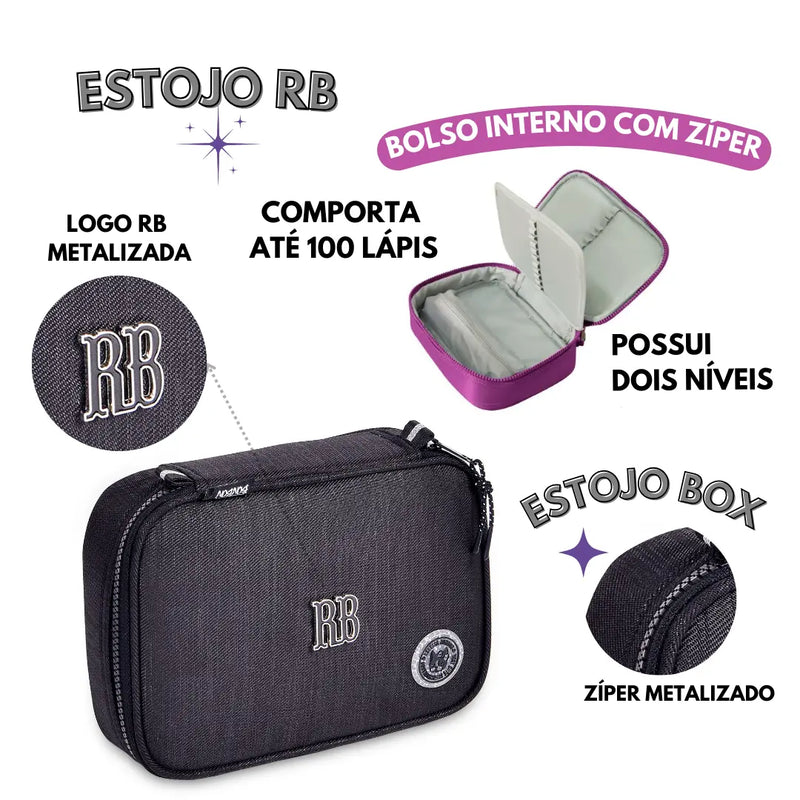 Kit Mochila Costas Rebecca Bonbon Preto Estojo Box Juvenil Escolar Meninas Chaveiro Pompom Clio Megalomania