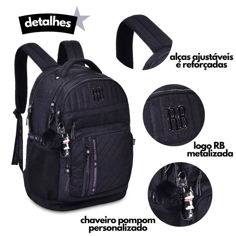 Mochila de Costas Mala Bolsa Rebecca Bonbon Preto Rosa Lillás Fashion Meninas Clio Megalomania