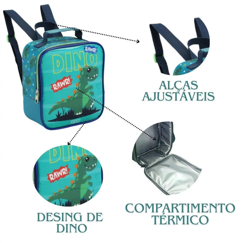 Kit Lancheira Infantil Térmica Dinossauro Verde Estojo com Dois Compartimentos Meninos Masculino Seanite Megalomania
