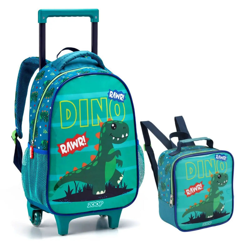 Kit Mochila de Carrinho Dinossauro Verde Mala Bolsa Lancheira Térmica Meninos Masculino Seanite Megalomania