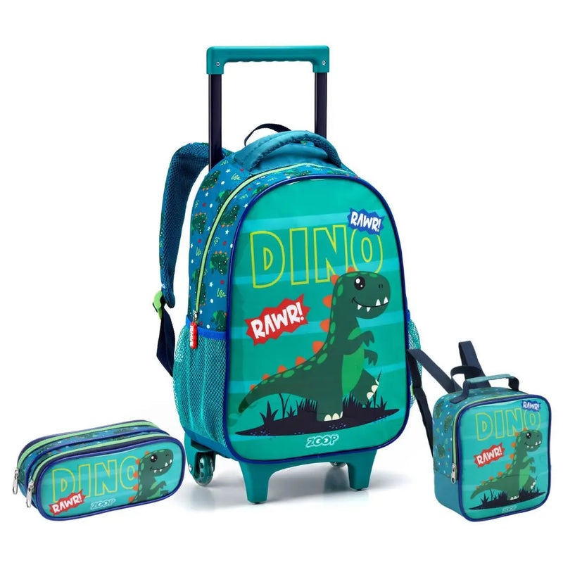 Kit Mochila De Carrinho Infantil Dinossauro Verde Lancheira Térmica Estojo Dois Compartimentos Crianças Masculino Seanite Megalomania