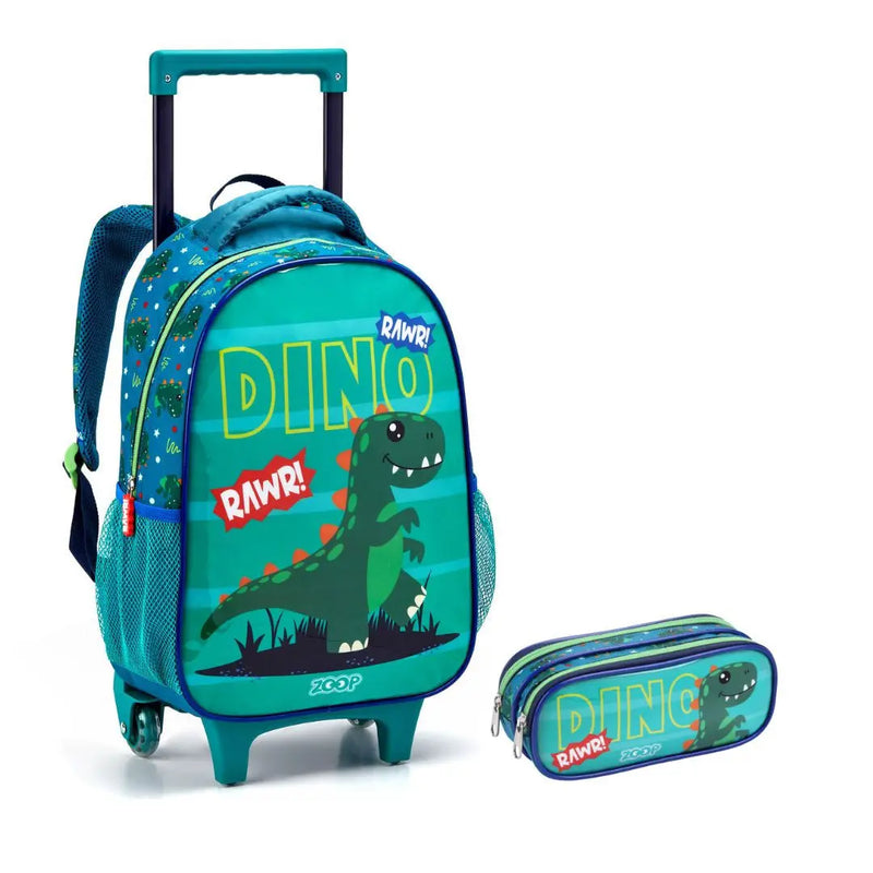 Kit Mochila de Carrinho Dinossauro Verde Estojo Infantil com Dois Compartimentos Masculino Meninos Crianças Seanite Megalomania