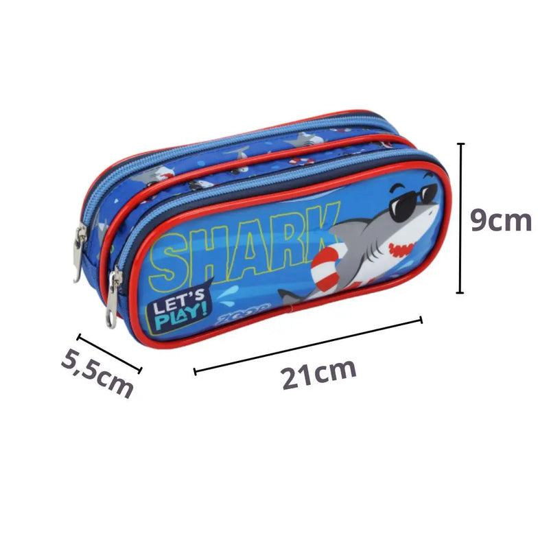 Kit Mochila de Carrinho Tubarão Azul Mala Bolsa Estojo com Dois Compartimentos Masculino Infantil Crianças Seanite Megalomania
